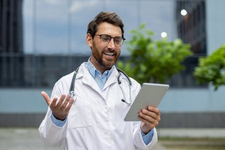 Doctor wearing white coat and stethoscope interacts with patient through video call on tablet. Engages in outdoor telemedicine session in urban area, showcasing modern healthcare technology.の写真素材