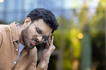 Young man with glasses looks frustrated, experiencing headache or stress. Outdoor setting captures...