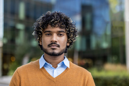 Confident young professional with curly hair standing outside office building, expressing determination and focus. Wearing sweater and blue shirt, embodies modern business style in urban setting.の写真素材