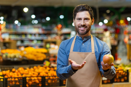 Happy grocery store employee wearing apron holding apple at produce section. Smiling worker showcases fresh fruit, emphasizing quality and freshness in busy supermarket environment.の写真素材