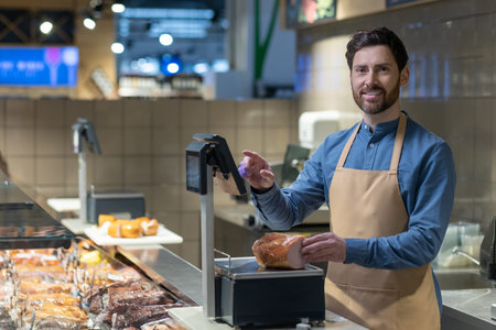 Grocery store employee in blue shirt and apron weighing fresh meat in delicatessen section. Smiling...