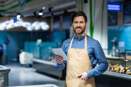 Smiling male shop assistant wearing apron holds digital tablet in bright, contemporary store. Represents modern retail, customer service, and technology integration in business.の写真素材