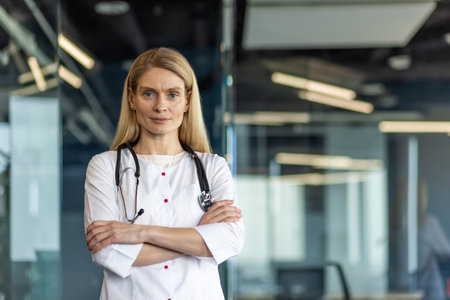 Confident female doctor wearing white lab coat and stethoscope in modern office. Medical professional expressing competence and assurance in healthcare environment.の写真素材