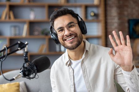 Cheerful young man wearing glasses and headphones waving at camera while recording podcast in modern...