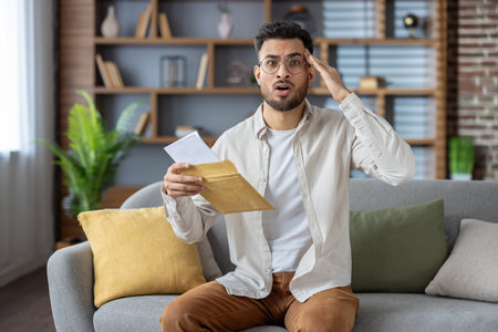 Portrait of shocked young Indian man sitting on sofa at home. holds the envelope with the received letter in his hand, looks worriedly into the camera.の写真素材