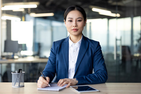 Confident Asian business woman writing notes , video call meeting in office. Professional demeanor, focused expression, surrounded by modern office environmentの写真素材