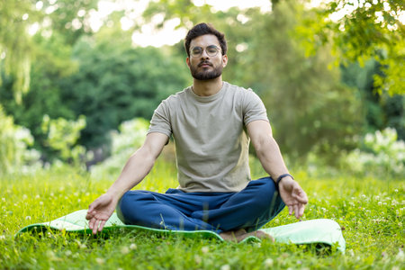 Man practicing meditation in lush park surrounded by greenery. Calm and focused expression, sitting cross-legged on yoga mat. Perfect for concepts of mindfulness, relaxation, peace, outdoor wellness.の写真素材