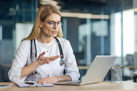 Female doctor wearing stethoscope engaged in online video call using laptop. Medical professional discussing health remotely. Concept of telemedicine, virtual consultation, technology in healthcare.の写真素材