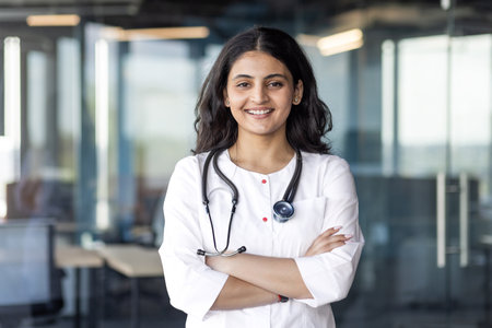 Portrait of young doctor doctor inside clinic office, woman in white medical coat and stethoscope smiling and looking at camera with crossed arms, female medical student inside medical university.の写真素材