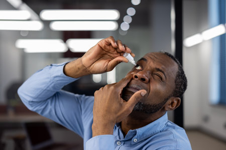 African American mature businessman applying eye drops to relieve dryness, showcasing self-care during a workday. Concentration and routine in modern office setting reflect professional lifestyle.の写真素材