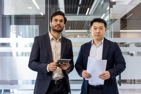 Two business professionals standing in modern office holding documents and tablet. Serious expressions indicate focus on business project. Office setting suggests teamwork and professionalism.の写真素材