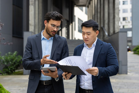 Two business professionals reviewing documents during an outdoor meeting. Both men appear focused and engaged in discussion. One examines paperwork, representing collaboration, teamworkの写真素材
