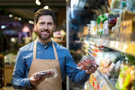 Smiling grocery store employee holding fresh produce in a supermarket aisle. Displays friendliness and quality selection, emphasizing customer service. Surrounded by an array of productsの写真素材