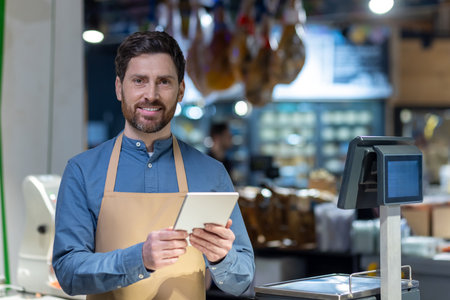 Confident shopkeeper wearing apron holding tablet in hands at store counter with digital scale. Professional retail worker surrounded by fresh produce, showcasing modern technology in business.の写真素材