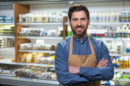 Friendly male supermarket employee with apron standing confidently in front of dairy section. Shelves filled with various products in background, showcasing retail environment.の写真素材