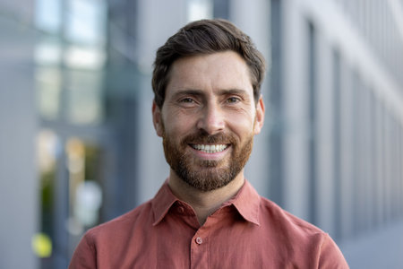 A man with a beard and a red shirt is smiling. He is standing in front of a building