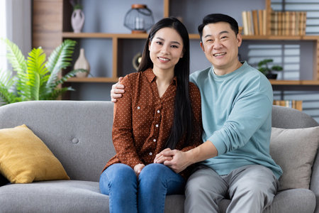 Asian couple seated on sofa showing joy and connection. Capturing a moment of happiness and love in cozy home setting.の写真素材