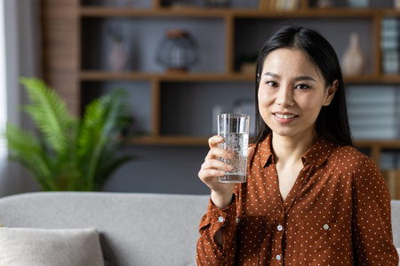 Asian woman sitting on sofa holding glass of water, smiling in cozy living room. Natural light and plant create relaxing atmosphere. Perfect for concepts of health, hydration, comfort.の写真素材