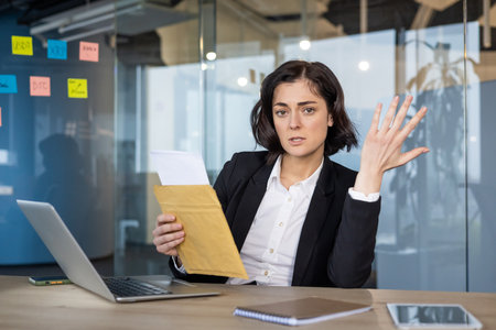 Young businesswoman holding envelope in modern office, expressing confusion while discussing financial documents. Laptop and smartphone visible, creating sense of corporate frustration.の写真素材