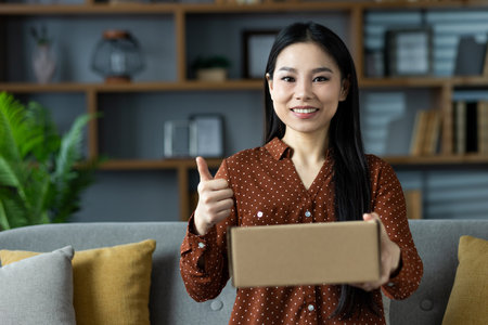 Asian woman with long hair and dotted shirt holding cardboard box, giving thumbs up on sofa. Captures happiness, success, home comfort, and positivityの写真素材