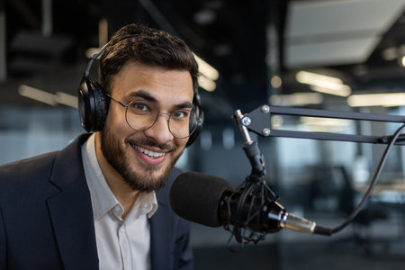 Man businessman smiling while hosting a podcast in a modern studio setting. Wearing headphones and using a professional microphone, he engages in lively discussions on air in a creative workplace.の写真素材