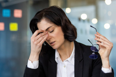 Professional woman feeling stressed in office environment, holding glasses, touching forehead in frustration, indicating work-related tension. Image captures business stress, fatigue, emotions.の写真素材