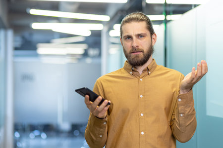 Man standing in a modern office environment holding a smartphone, expressing confusion. Professional attire and demeanor indicate a workplace-related situation.の写真素材