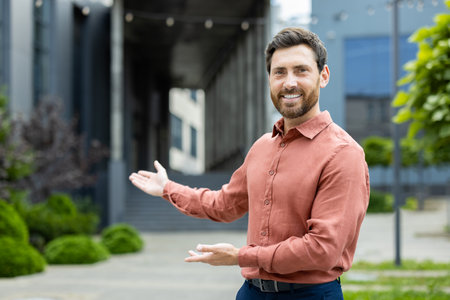 Man invites to work in a new team. Businessman looks at the camera and holds hands to the side in a gesture of greeting and invitation.の写真素材