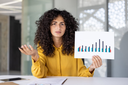 Webcam view, online business meeting, upset and nervous woman shows graph report with negative...