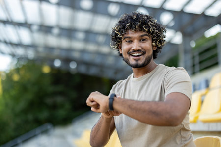 Man uses smart watch fitness bracelet during workout. Athlete is satisfied with the results of his training, smiles and looks at the camera.の写真素材