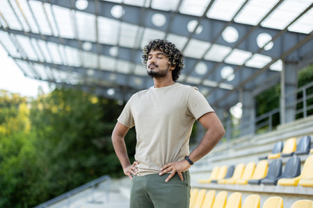 Athlete resting at the stadium, man breathing with eyes closed after active physical exercise and fitness.の写真素材