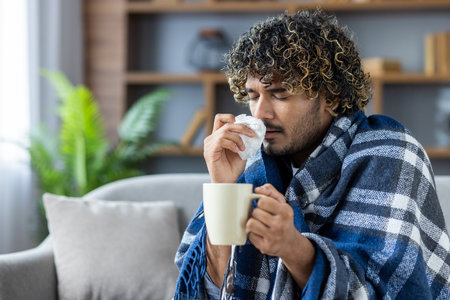 A man wrapped in a plaid blanket, battling a cold indoors, holds a cup and tissue. He appears to be sneezing, suggesting symptoms typical of flu or allergies.の写真素材