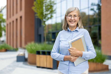 A smiling, mature professional woman stands confidently outside an office building holding a laptop and notebook, showcasing her preparedness.の写真素材