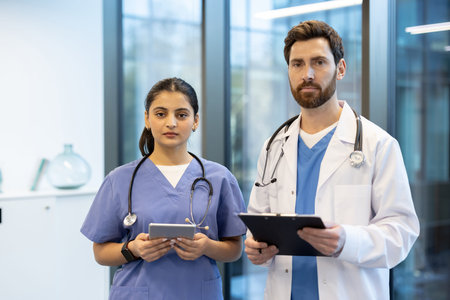 Confident doctor and nurse stand together, ready to provide excellent healthcare in a modern...