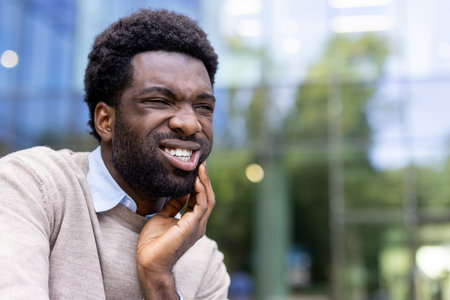 Man suffering from toothache. African American man sitting on a bench outside an office building and holding his hand over his gap, inflammation of the gums.の写真素材
