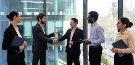 Diverse group of business professionals shaking hands in a modern office, symbolizing agreement or partnership, smiling at each other.の写真素材