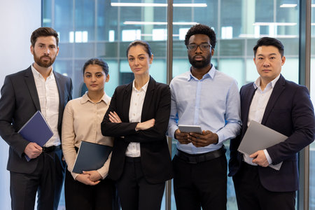 A diverse group of business professionals standing together in a modern office setting. They look...