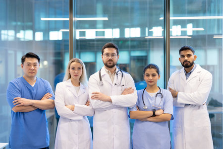 A diverse medical team stands together, arms crossed, conveying unity and expertise in a modern healthcare setting.の写真素材