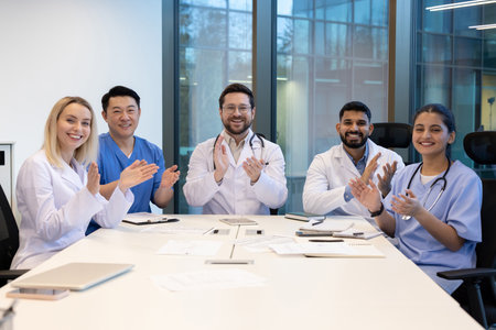 A diverse group of medical professionals applauds during a meeting, conveying teamwork and success.の写真素材