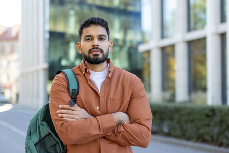 A young, bearded man stands confidently with arms crossed, wearing a button-down shirt, and a...