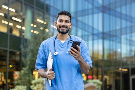 A smiling healthcare professional stands confidently outdoors, holding a phone and a clipboard. His scrubs, stethoscope, and setting suggest his profession.の写真素材