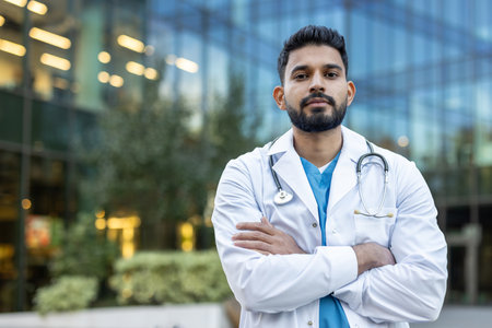 A confident doctor stands outdoors with arms crossed, a stethoscope around his neck, representing healthcare and medical expertise.の写真素材