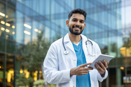 An Indian doctor smiles while using a tablet in front of a modern glass building, a scene capturing modern medicine and technology.の写真素材