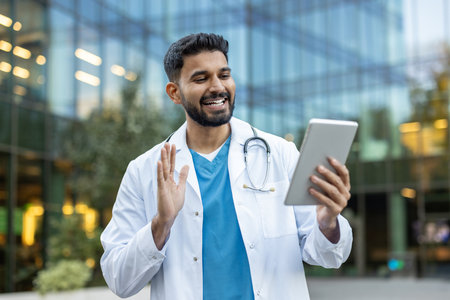 A smiling male doctor waves during a video call while holding a tablet, with a modern building in the background.の写真素材