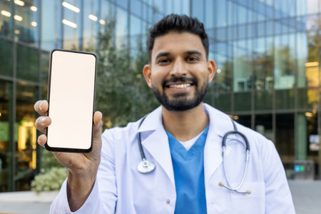 A smiling doctor holds up a phone with a blank screen, ready for your content. The medical professional stands in front of a modern building.の写真素材