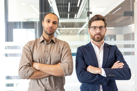 Two business professionals stand confidently, arms crossed, in a modern office setting. They look directly at the camera.の写真素材
