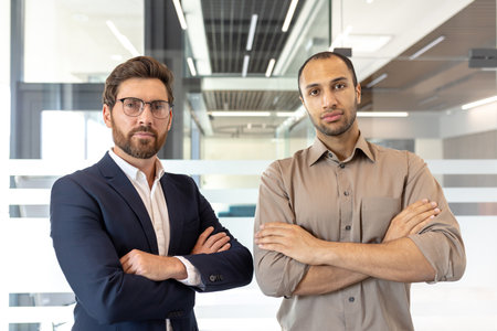 Two confident businessmen stand together, arms crossed, exuding professionalism in a modern office setting. They appear ready to achieve their goals.の写真素材