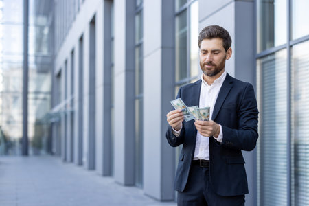 A businessman in a suit counts money in front of a modern building, highlighting wealth and financial success. The man appears thoughtful as he handles the cash.の写真素材