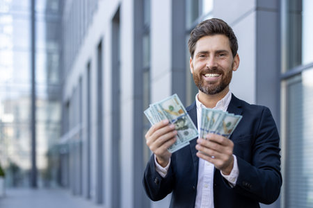A successful businessman holding cash and smiling confidently in front of an office building, a symbol of wealth.の写真素材