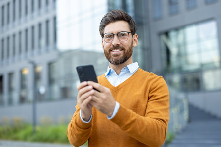 A smiling businessman, holding his phone, stands confidently outside in front of a modern building, showcasing technology.の写真素材